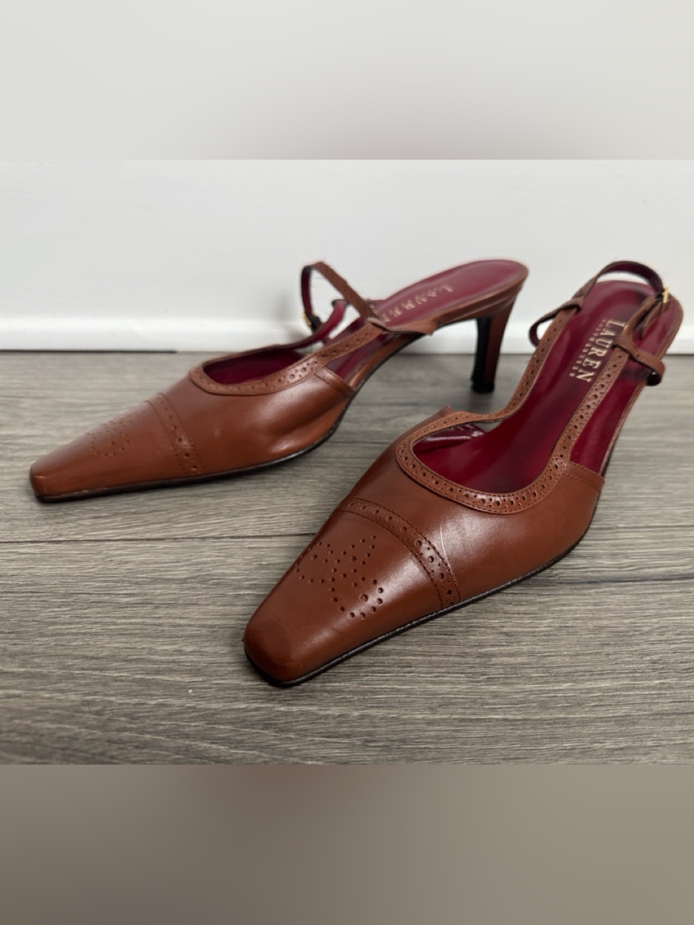 Vintage Ralph lauren Heels Slingback Pointed Toe Pump tan Leather Women SZ 8